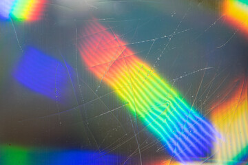 high res flash full frame macro photo of abstract scratched pastel iridescent holographic foil background with light leaks. holo color wrinkled material. cool glitter surface with shiny rainbow feel.
