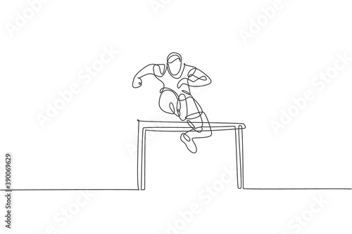 One continuous line drawing of young sporty man runner jumping obstacle at running track. Health activity sport concept. Dynamic single line draw design vector illustration for running event poster