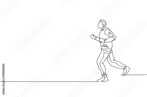One single line drawing of young energetic man runner run relax at the morning vector illustration graphic. Healthy sport training concept. Modern continuous line draw design for running race banner © Simple Line