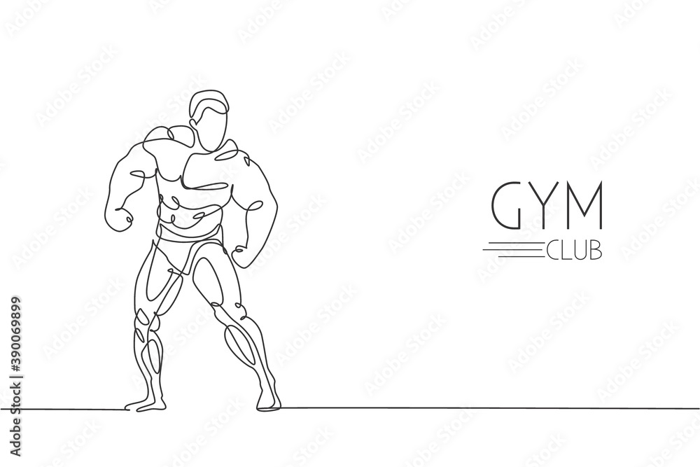 custom made wallpaper toronto digitalOne continuous line drawing of young strong model man bodybuilder. Fitness center gym logo concept. Dynamic single line draw design vector graphic illustration for bodybuilding competition contest