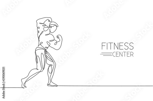 One single line drawing of young energetic model man bodybuilder posed vector illustration. Healthy workout concept. Modern continuous line draw design for bodybuilding fitness center club logo icon