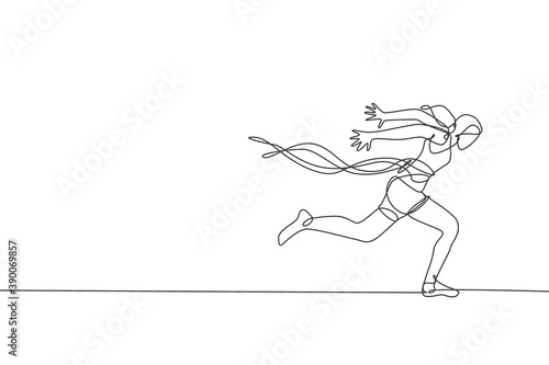 One single line drawing of young energetic woman runner crosses finish line and break the tap vector illustration. Healthy sport concept. Modern continuous line draw design for running race banner