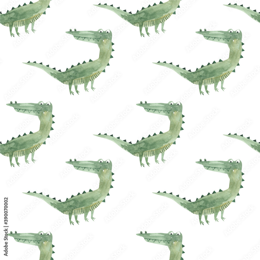 Seamless pattern with watercolor funny crocodiles. Childrens illustration, cute background.
