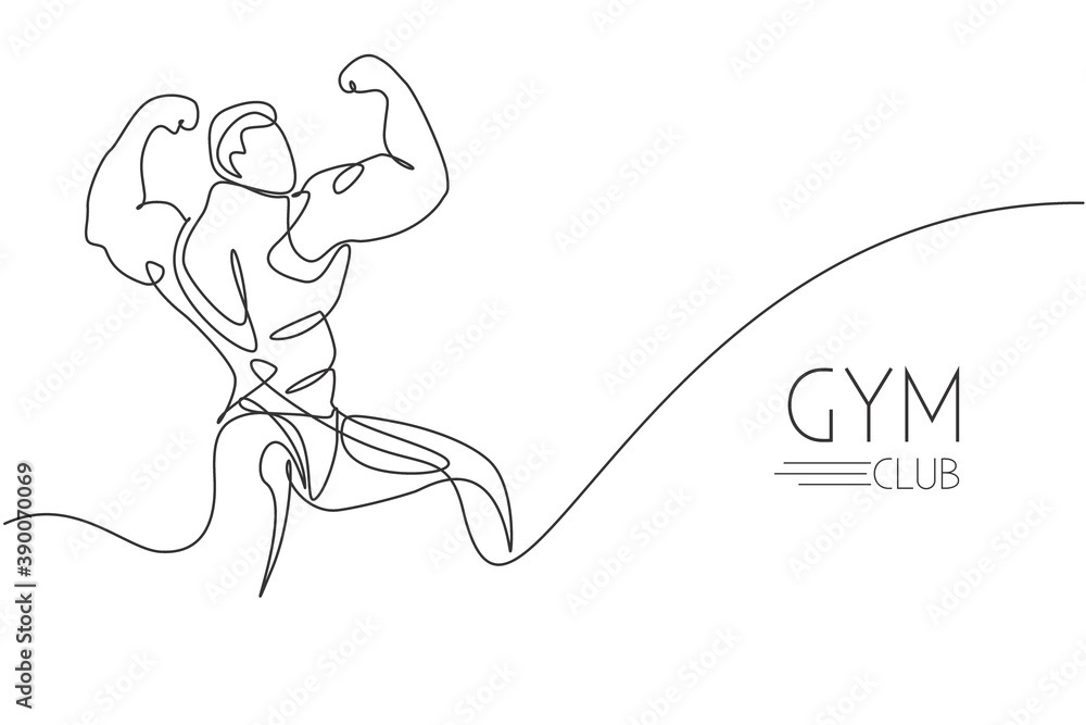 One continuous line drawing young strong model man bodybuilder posed. Fitness center gym logo concept. Dynamic single line draw design vector graphic illustration for bodybuilding competition contest One continuous line drawing young strong model man bodybuilder posed. Fitness center gym logo concept. Dynamic single line draw design vector graphic illustration for bodybuilding competition contest