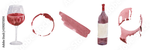 Collection of watercolor elements. Glass and bottle of wine, red spots. For your design.