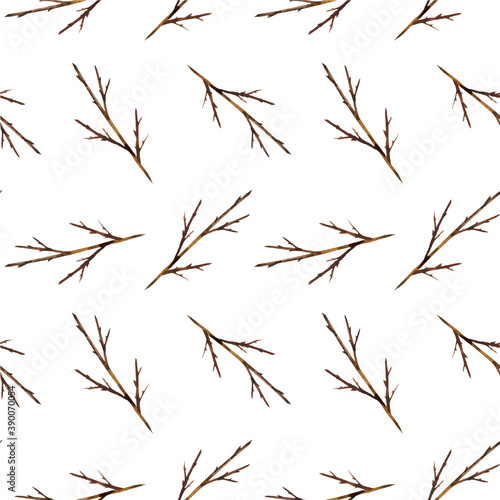 Seamless watercolor pattern with winter twigs without leaves.