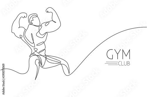 One continuous line drawing young strong model man bodybuilder posed. Fitness center gym logo concept. Dynamic single line draw design vector graphic illustration for bodybuilding competition contest