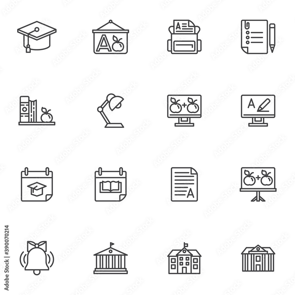 Education line icons set, outline vector symbol collection, linear style pictogram pack. Signs, logo illustration. Set includes icons as school bag, calendar, college, library, university building