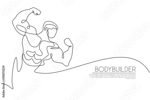 One single line drawing of young energetic model man bodybuilder posed vector illustration. Healthy workout concept. Modern continuous line draw design for bodybuilding fitness center club logo icon