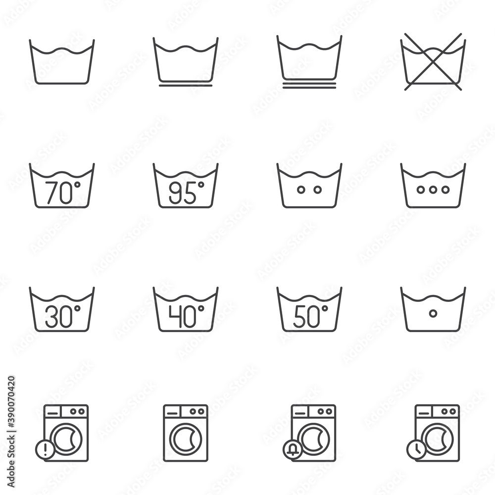 Vetor de Washing machine instruction line icons set, outline vector