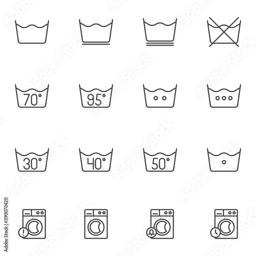 Washing machine instruction line icons set, outline vector symbol collection, linear style pictogram pack. Signs, logo illustration. Set includes icons as laundry service notice, water temperature