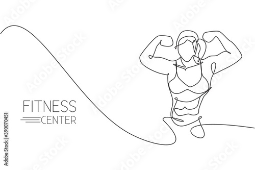 One continuous line drawing of young strong model woman bodybuilder posed. Fitness center gym logo concept. Dynamic single line draw design vector illustration for bodybuilding competition contest