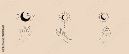 Hand gesture and moon simple linear template logo design. Magic astrological concepts tattoo, Fashion sticker, wall arts, magic book. Hand drawn vector illustration.