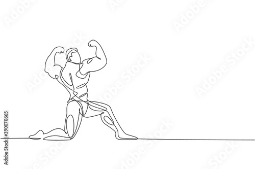 One single line drawing of young energetic model man bodybuilder pose charmingly vector illustration. Healthy workout concept. Modern continuous line draw design for bodybuilding club logo and icon