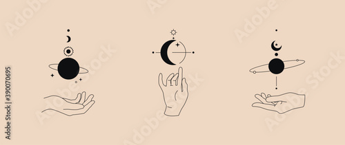 Hand gesture and moon simple linear template logo design. Magic astrological concepts tattoo, Fashion sticker, wall arts, magic book. Hand drawn vector illustration.