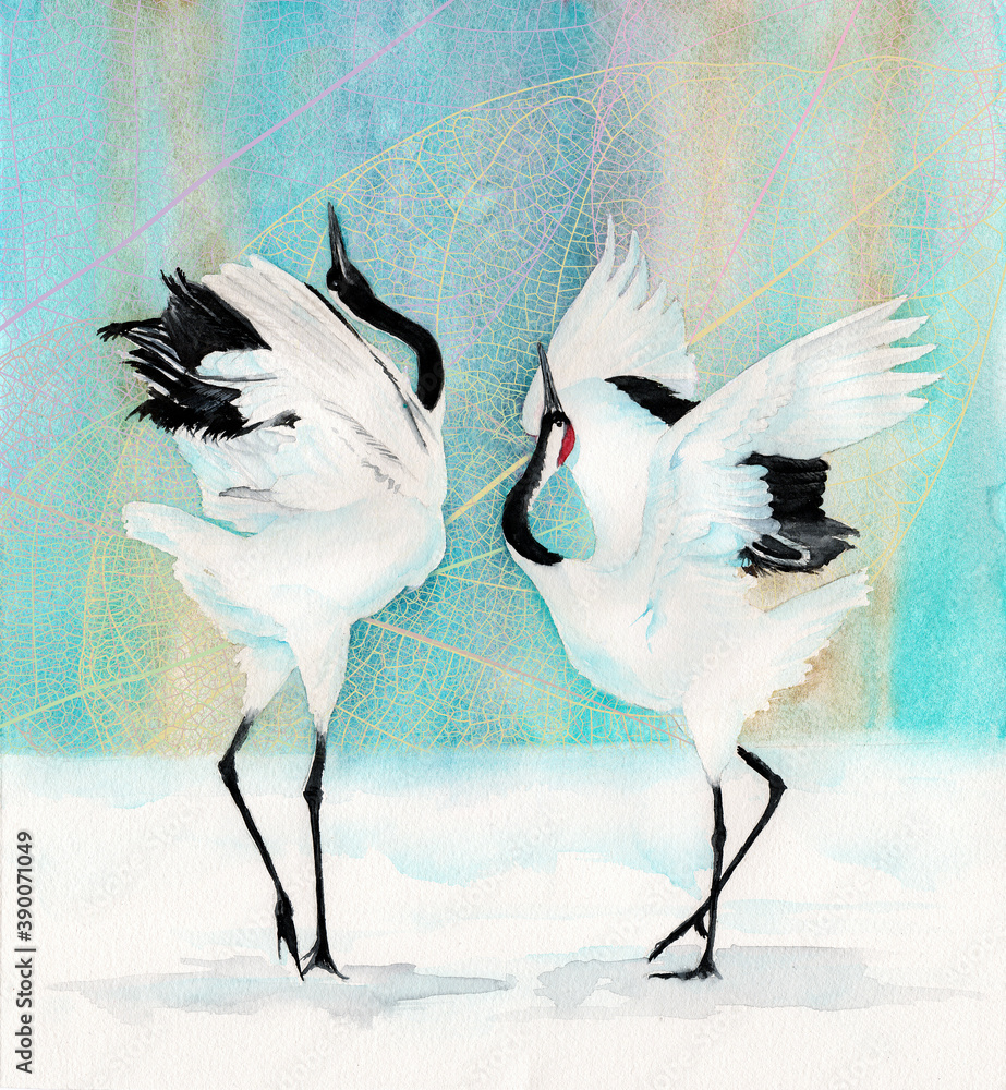 Fototapeta premium Watercolor picture of a two red-crowned japanese cranes dancing under the blue sky with a patterned background