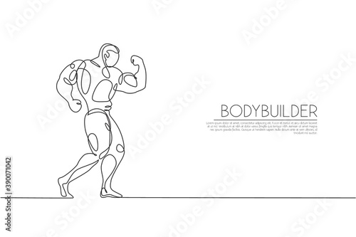 Single continuous line drawing of young muscular model man bodybuilder posing elegantly. Fitness center gym logo. Trendy one line draw design vector illustration for bodybuilding icon symbol template