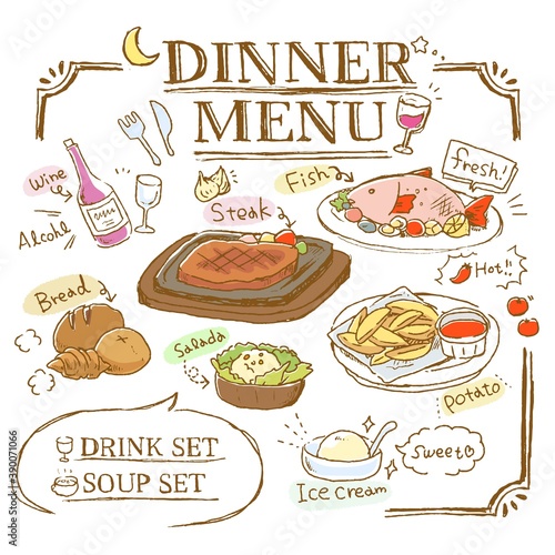 線画ディナーメニュー素材
