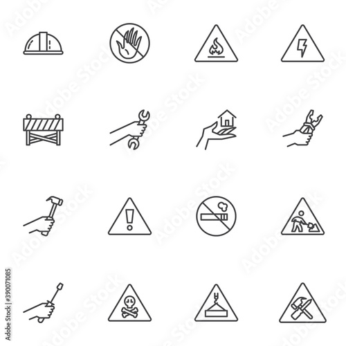 Construction safety line icons set, outline vector symbol collection, linear style pictogram pack. Signs logo illustration. Set includes icons as high voltage warning sign, protective helmet, hard hat