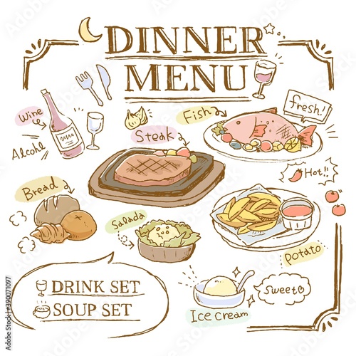 線画ディナーメニュー素材