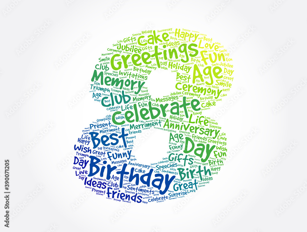 Happy 8th birthday word cloud, holiday concept background