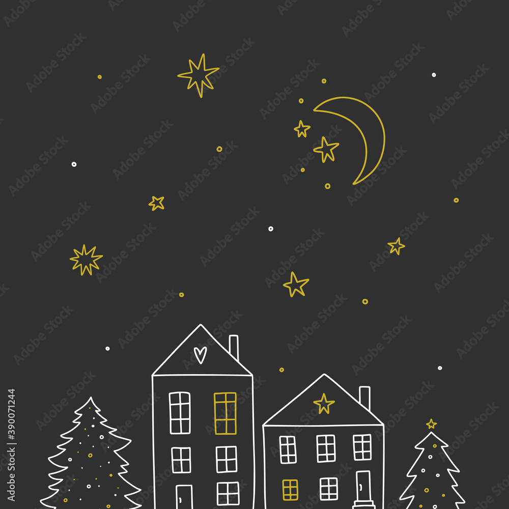 Christmas card with vector houses and night sky. Winter time cute illustration. Little town, Christmas trees, moon and stars Christmas card with vector houses and night sky. Winter time cute illustration. Little town, Christmas trees, moon and stars