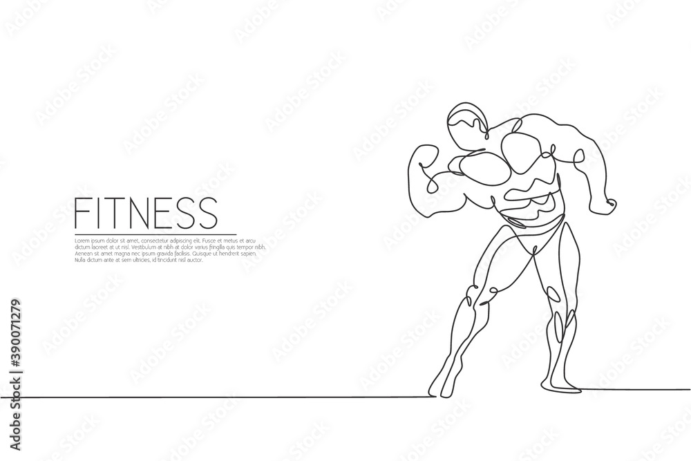 One continuous line drawing young strong model man bodybuilder posed. Fitness center gym logo concept. Dynamic single line draw design vector illustration graphic for bodybuilding competition contest One continuous line drawing young strong model man bodybuilder posed. Fitness center gym logo concept. Dynamic single line draw design vector illustration graphic for bodybuilding competition contest