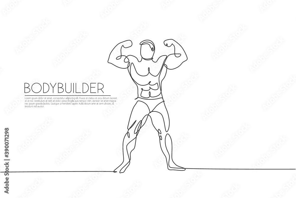 Single continuous line drawing of young muscular model man bodybuilder posing elegantly. Fitness gym logo. Trendy one line draw design vector illustration for budybuilding icon and symbol template
