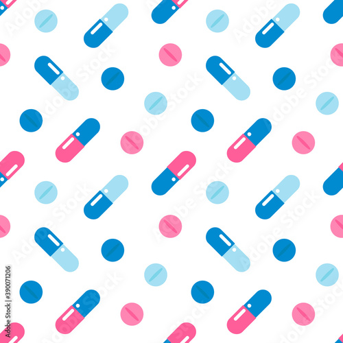 Colorful cartoon style pills, vitamins, medications, food suppliments vector seamless pattern background.