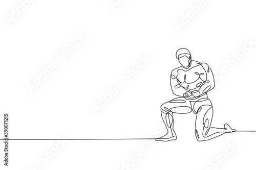 Single continuous line drawing of young muscular model man bodybuilder posing elegantly. Fitness gym logo. Trendy one line draw design vector illustration for budybuilding icon and symbol template