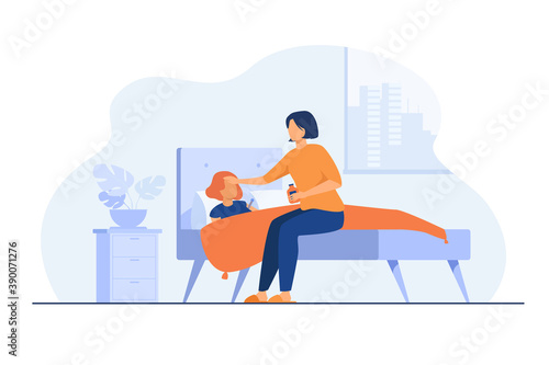Mom taking care about sick child. Girl getting cold, suffering from flu, lying in bed with sore throat and fever. Vector illustration for childcare, motherhood, epidemic concept
