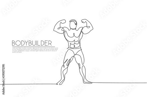 Single continuous line drawing of young muscular model man bodybuilder posing elegantly. Fitness gym logo. Trendy one line draw design vector illustration for budybuilding icon and symbol template