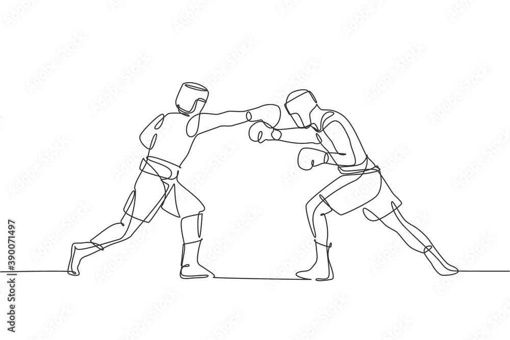 One single line drawing of two young energetic men boxer attack each other at boxing match vector illustration. Sport combative training concept. Modern continuous line draw design for boxing banner One single line drawing of two young energetic men boxer attack each other at boxing match vector illustration. Sport combative training concept. Modern continuous line draw design for boxing banner
