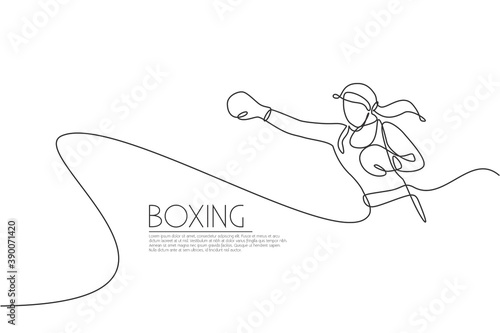 One single line drawing of young energetic woman boxer practice her jab punch vector illustration. Sport combative training concept. Modern continuous line draw design for boxing championship banner