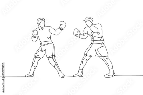Single continuous line drawing of two young agile men boxer provoke rival at boxing match. Fair combative sport concept. Trendy one line draw design vector illustration for boxing game promotion media