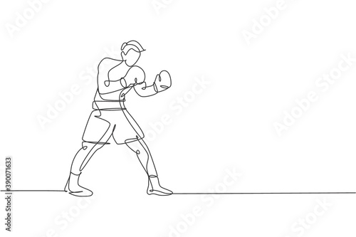 Single continuous line drawing of young agile man boxer stance confidence at sport gym. Fair combative sport concept. Trendy one line draw design vector illustration for boxing game promotion media
