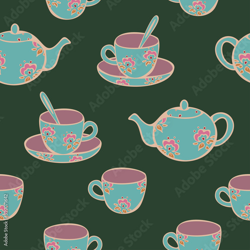 Vector seamless pattern of tea service parts decorated with flower design on dark green background. Design for teas shop or café.