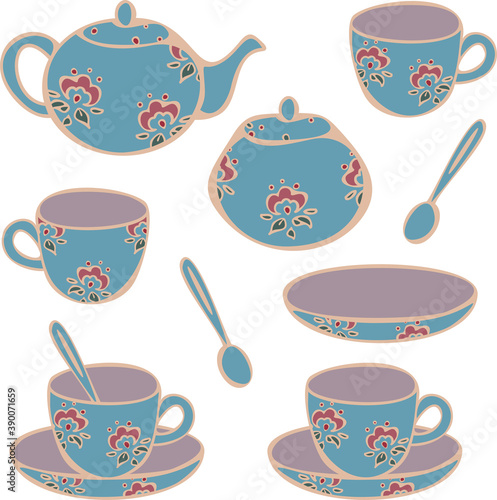 Vector set of crockery for tea-drinking - cups, mugs, teapot and sugar bowl. Concept for tea store or café. Collection of classic cups for tea.