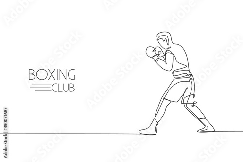 Single continuous line drawing young agile man boxer ready for fighting at match. Fair combative sport concept. Trendy one line draw design graphic vector illustration for boxing game promotion media