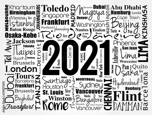 2021 travel cities word cloud collage, trip destinations concept background