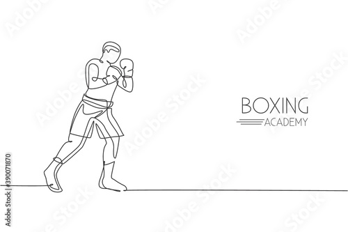 One single line drawing of young energetic man boxer ready to attack opponent vector illustration. Sport combative training concept. Modern continuous line draw design for boxing championship banner