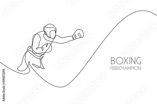 One single line drawing of young energetic man boxer practice his hook punch vector illustration. Sport combative training concept. Modern continuous line draw design for boxing championship banner