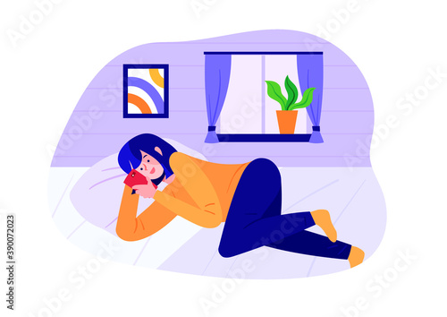 Woman playing smartphone lying on the bed. Illustration of a person using a cell phone indoors.