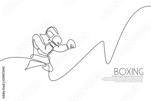 One continuous line drawing of young sporty man boxer cover his head with hands. Competitive combat sport concept. Dynamic single line draw design vector illustration for boxing match promotion poster