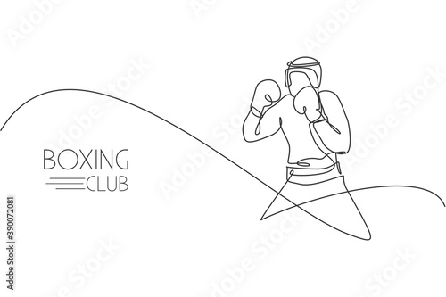 One continuous line drawing of young sporty man boxer practice his fight stance. Competitive combat sport concept. Dynamic single line draw design vector illustration for boxing match promotion poster