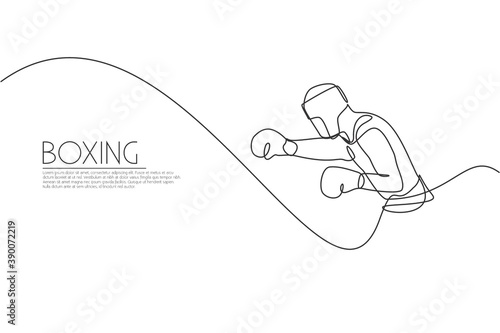 Single continuous line drawing of young agile man boxer train launch punch to rival duel. Fair combative sport concept. Trendy one line draw design vector illustration for boxing game promotion media