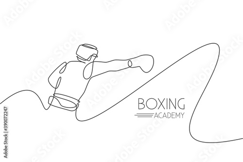 One single line drawing of young energetic man boxer practicing punch action vector illustration. Sport combative training concept. Modern continuous line draw design for boxing championship banner
