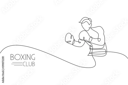 Single continuous line drawing of young agile man boxer focus for sparring with partner. Fair combative sport concept. Trendy one line draw design vector illustration for boxing game promotion media