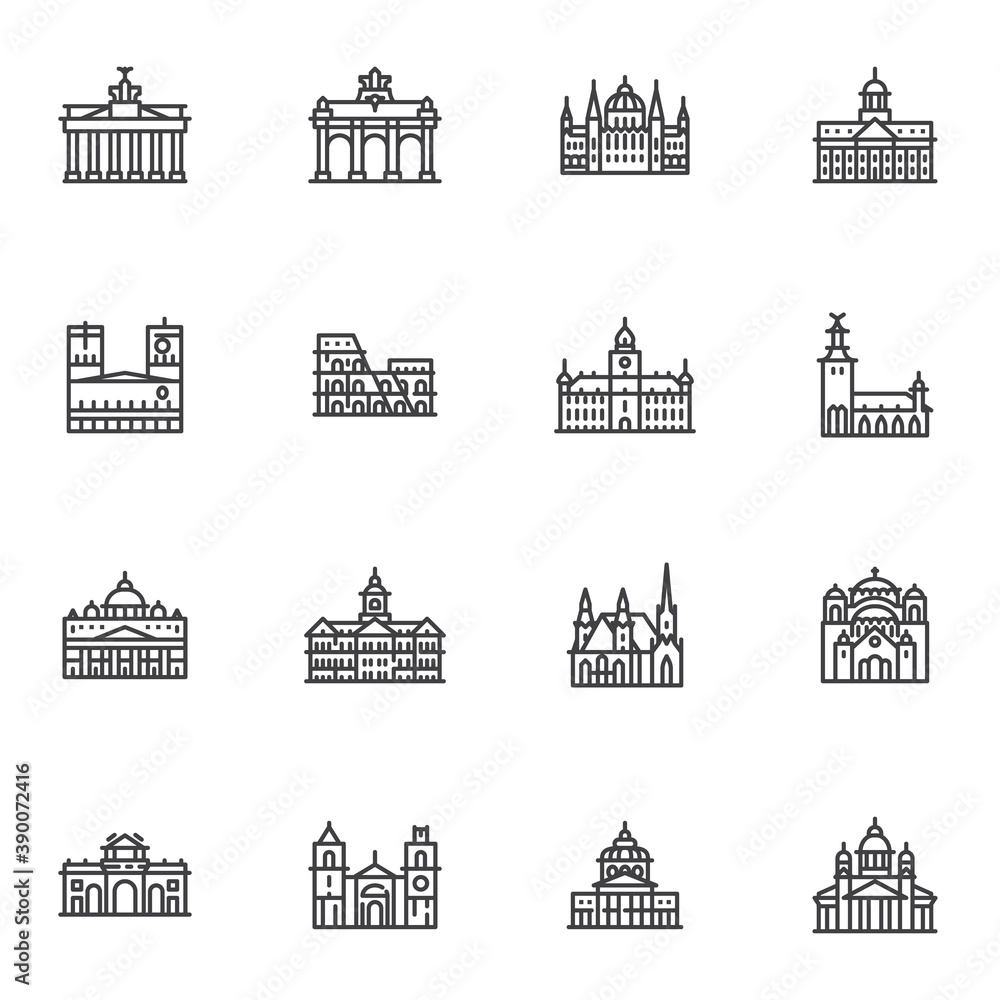 European cities landmarks line icons set, outline vector symbol collection, linear style pictogram pack. Signs, logo illustration. Set includes icons as world famous buildings, castles and towers