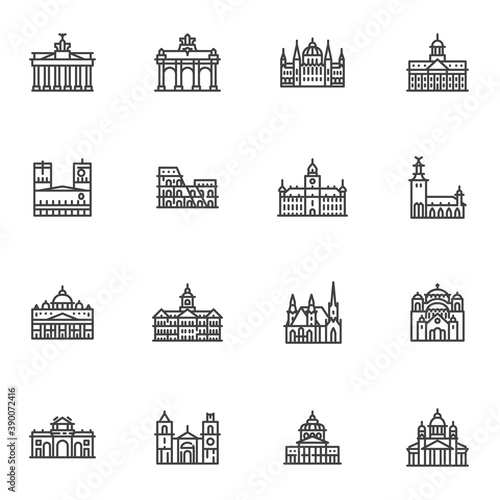 European cities landmarks line icons set, outline vector symbol collection, linear style pictogram pack. Signs, logo illustration. Set includes icons as world famous buildings, castles and towers
